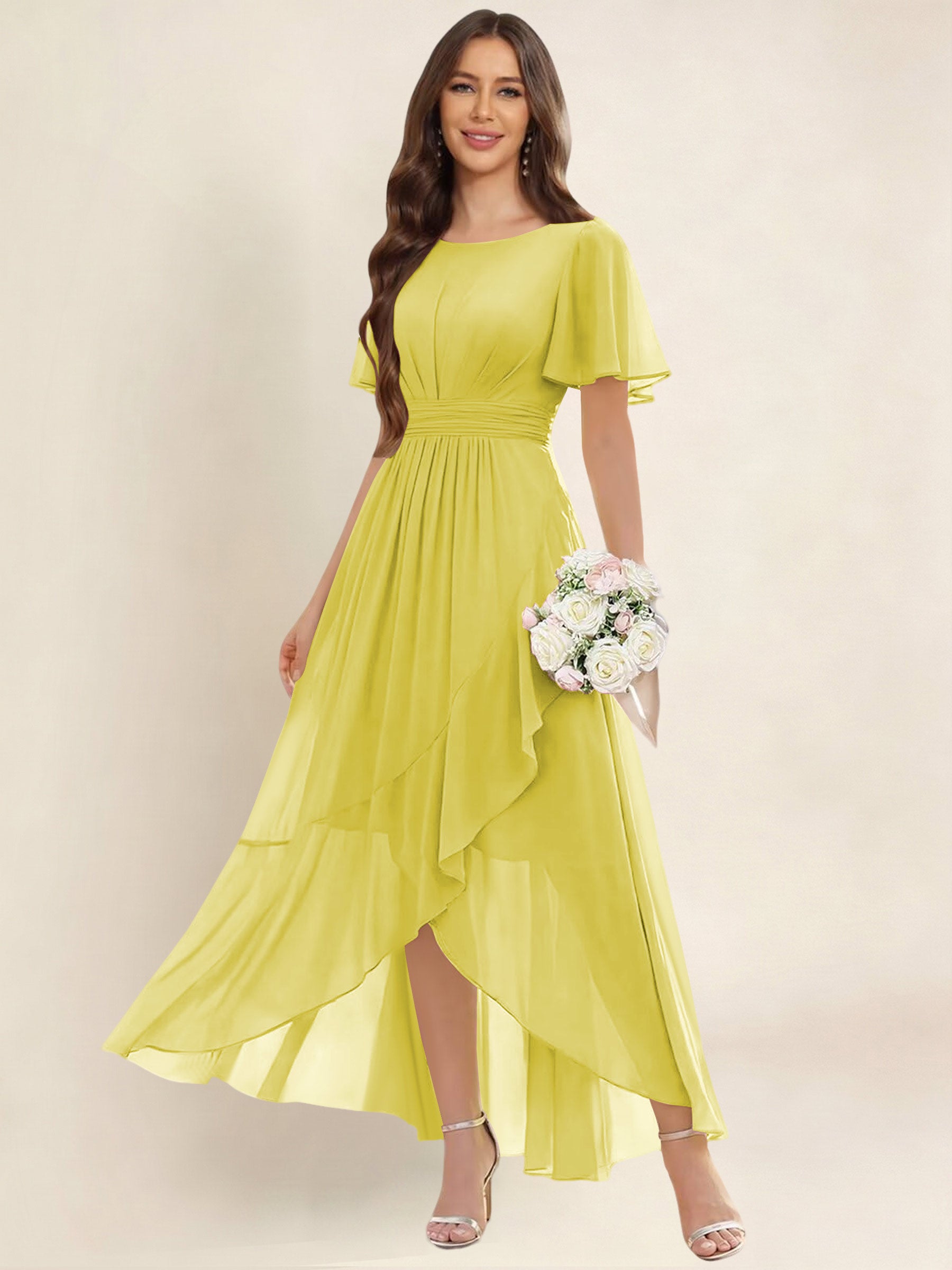 ROVDESY A-Line High Low Round Neck Pleated Ruffle Chiffon Bridesmaid Dress With Short Sleeves