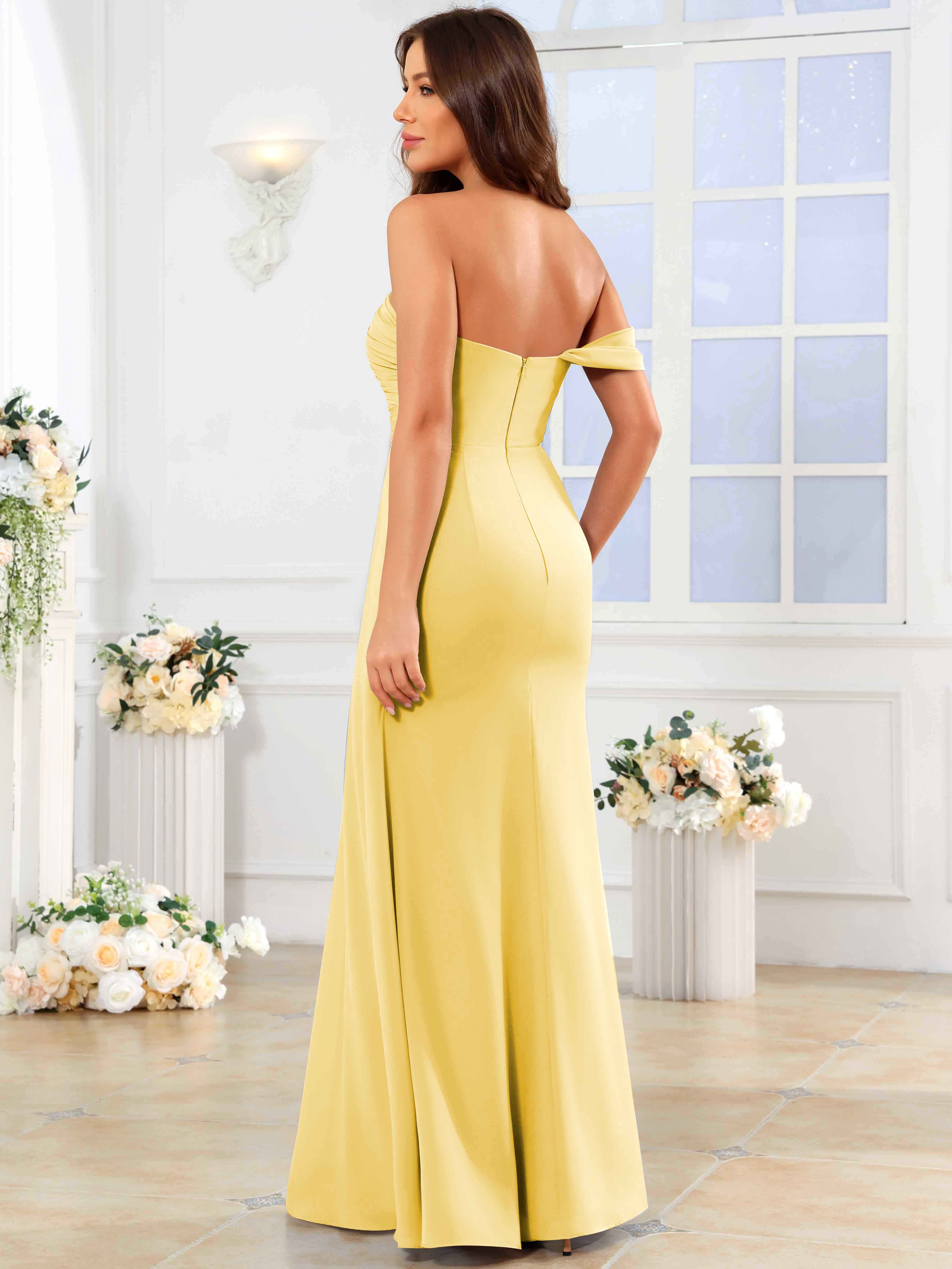 ROVDESY One Shoulder Off The Shoulder Pleated Chiffon Bridesmaid Dress