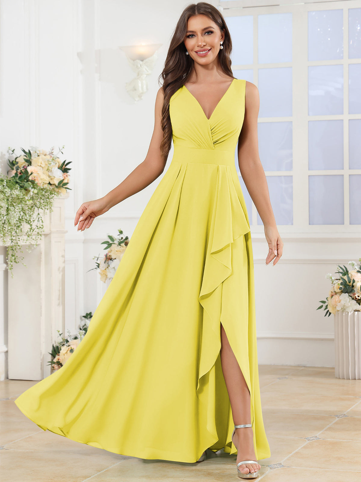 V Neck Chiffon A Line Ruffle Bridesmaid Dress with Slit