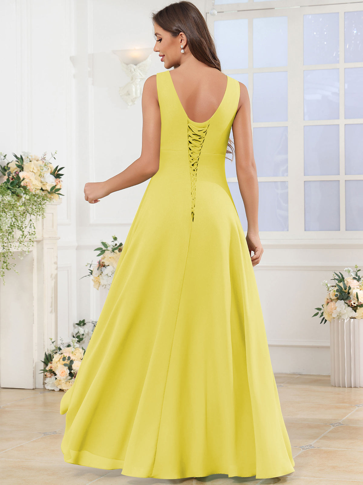 V Neck Chiffon A Line Ruffle Bridesmaid Dress with Slit