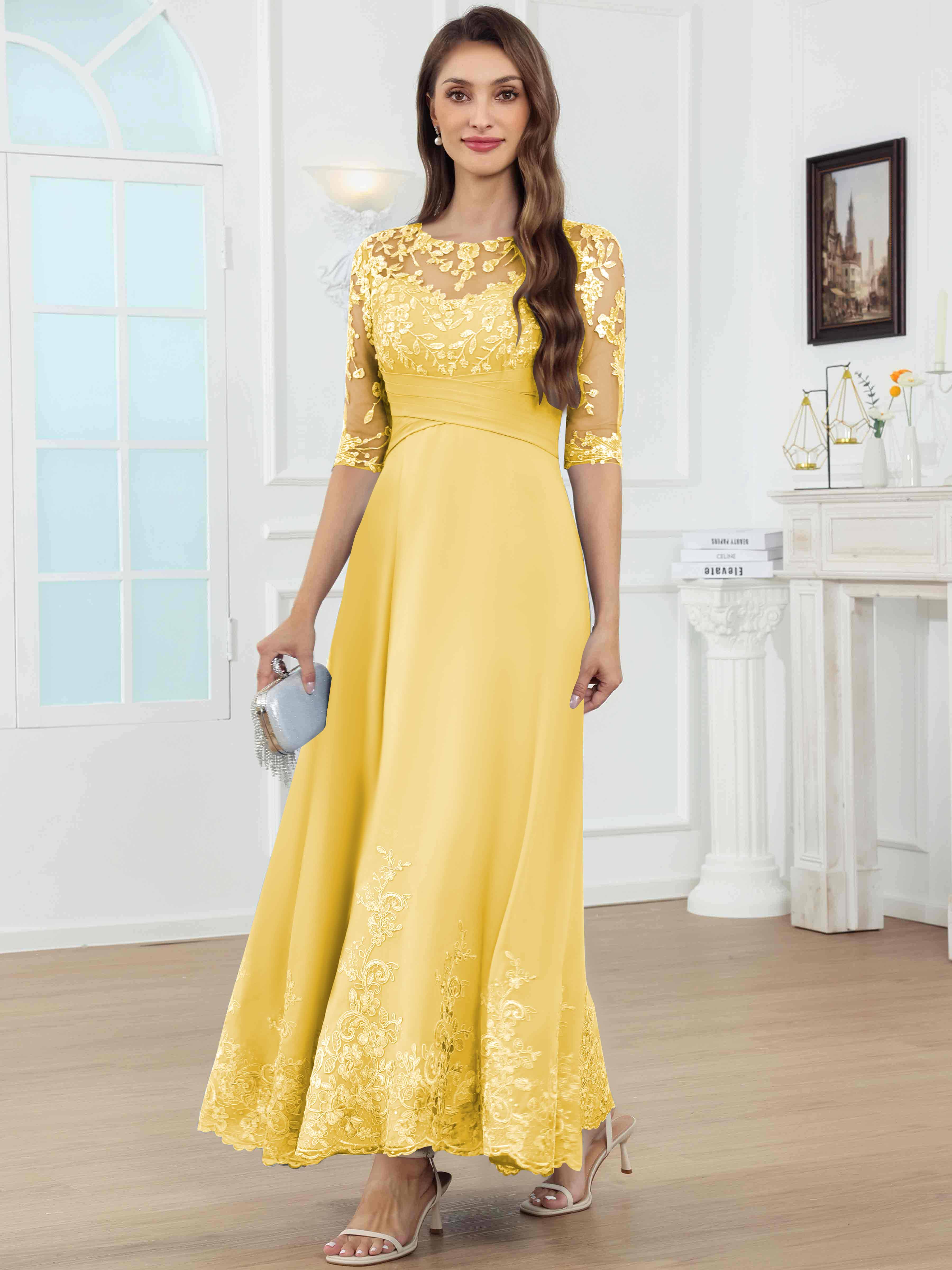 ROVDESY A-Line Lace Sequin Pleated Chiffon Mother Of The Bride Dress With Half Sleeves