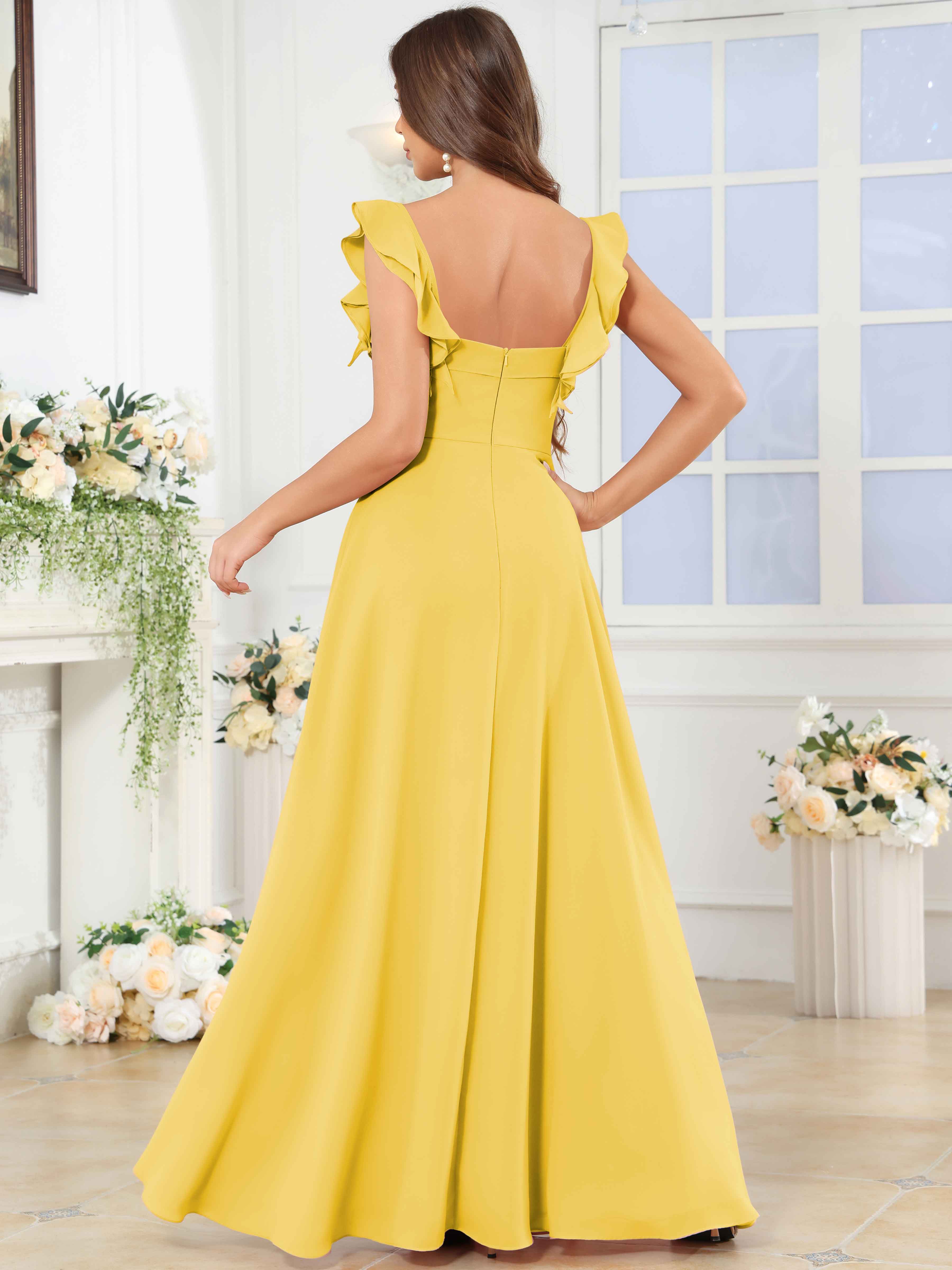 ROVDESY Square Neck Ruffle Chffion Bridesmaid Dress With Slit